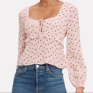 Intermix Loretta Top Blouse Silk Pink Black Heart Print Ruffle  Front Tie Chest